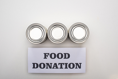 flat lay with cans on white background with food donation card