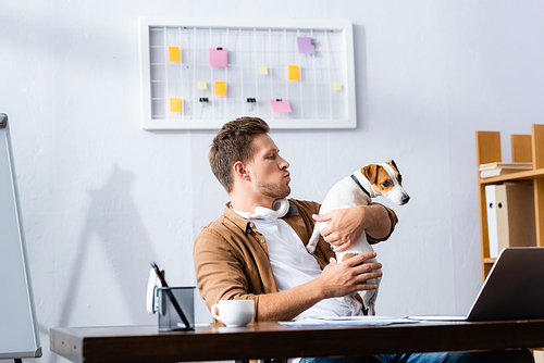 young businessman holding jack russell terrier dog while sitting at workplace