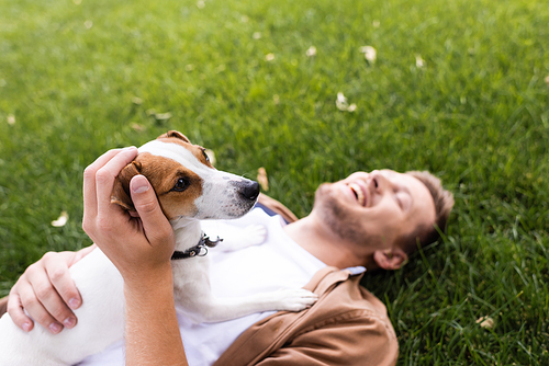 selective focus of man lying with jack russell terrier dog on green grass with closed eyes