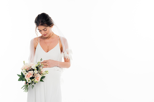 pregnant woman in wedding dress holding bouquet isolated on white