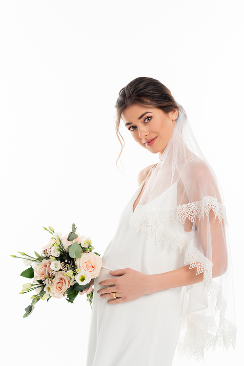 pregnant fiancee holding wedding bouquet while  isolated on white