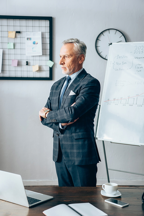 Mature businessman standing near devices and cup in office