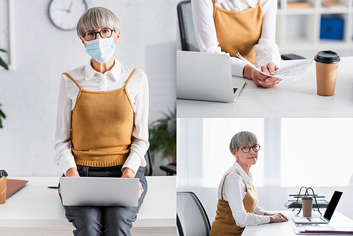 collage of mature team leader in glasses and medical mask using laptop and holding papers with charts and graphs