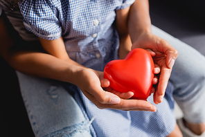 cropped view of african american mother and daughter holding heart model in cupped hands