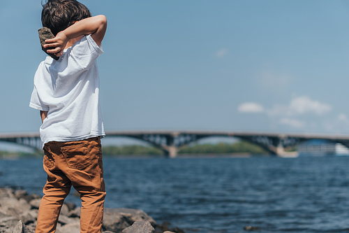 back view of cute boy holding rock near blue lake