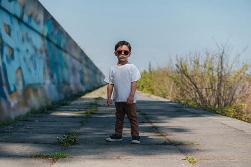 stylish boy in sunglasses standing on street