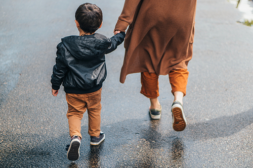 cropped view of woman holding hands and walking with son