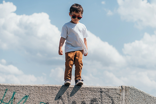 stylish kid in sunglasses standing against sky with clouds
