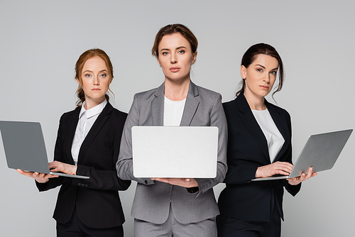 Adult businesswomen with laptops  isolated on grey