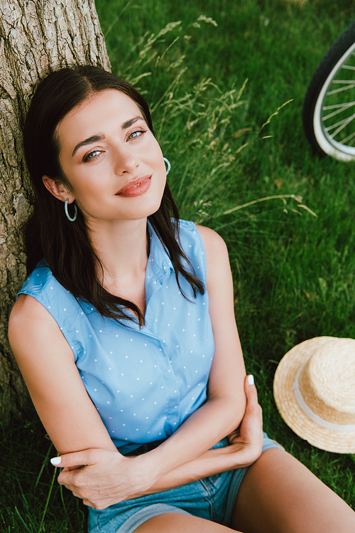 high angle view of beautiful woman smiling while sitting near tree trunk and 