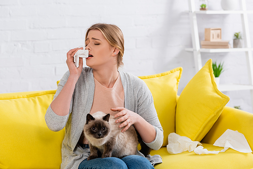Woman with allergy sneezing near napkins and siamese cat at home