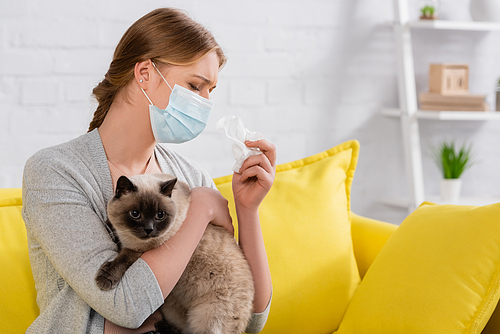 Woman in medical mask holding napkin while suffering from allergy near cat