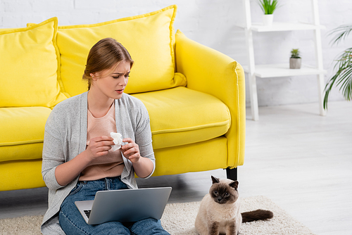 Sad freelancer holding napkin during allergy and looking at siamese cat on carpet