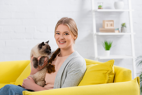 Happy woman holding furry siamese cat and  on yellow couch