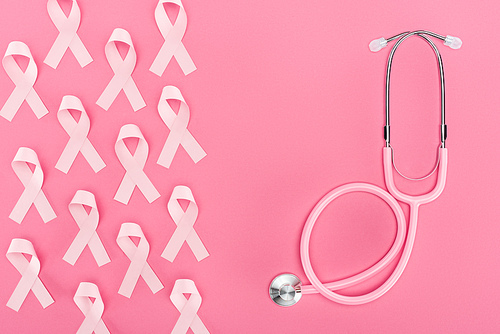 top view of stethoscope and pink breast cancer signs on pink background