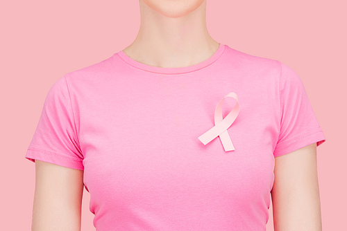 cropped view of woman in pink t-shirt with silk breast cancer sing isolated on pink