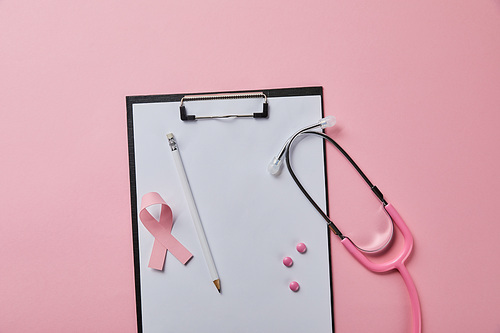 pencil, pink pills and breast cancer ribbon on folder with empty paper near stethoscope on pink background