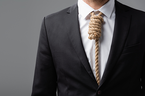 cropped view of businessman in black blazer and rope instead of tie isolated on grey