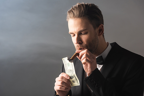 young businessman lighting cigar with hundred dollar banknote on grey background with smoke