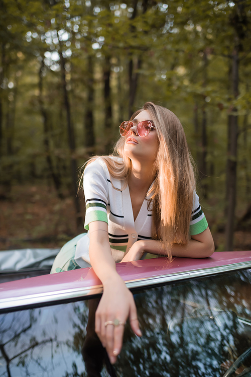 stylish woman looking away while standing in cabriolet on blurred foreground