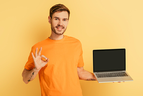 smiling young man showing ok gesture while showing laptop with blank screen on yellow background