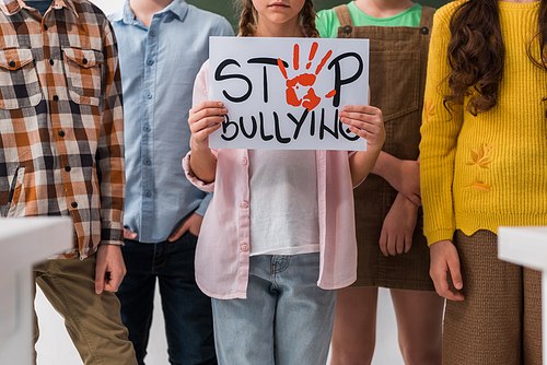 cropped view of schoolchildren standing near classmate holding placard with stop bullying lettering