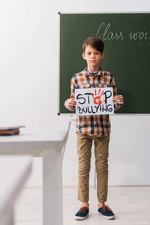 selective focus of schoolboy holding placard with stop bullying lettering