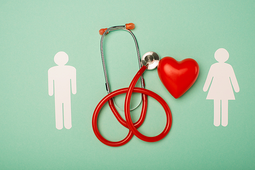 Top view of stethoscope, decorative red heart with male and female symbols on green background, world health day concept