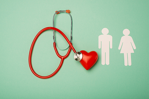 Top view of stethoscope, red heart with male and female icons on green background, world health day concept