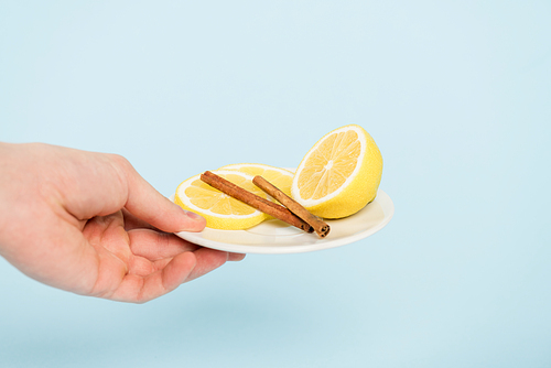 cropped view of man holding plate with sliced lemons and cinnamon sticks isolated on blue