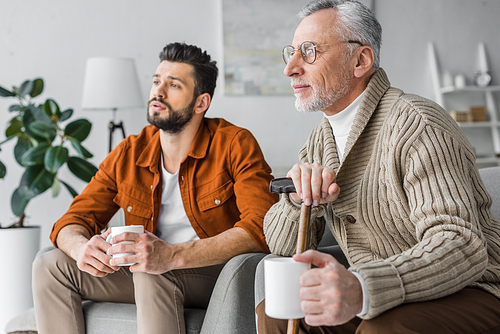 cheerful retired man in glasses sitting handsome son and holding cup