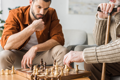 cropped view of retired father and son playing chess at home