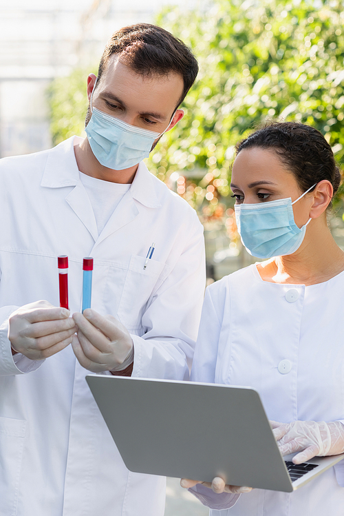 interracial quality inspectors in medical masks working with laptop and test tubes in greenhouse