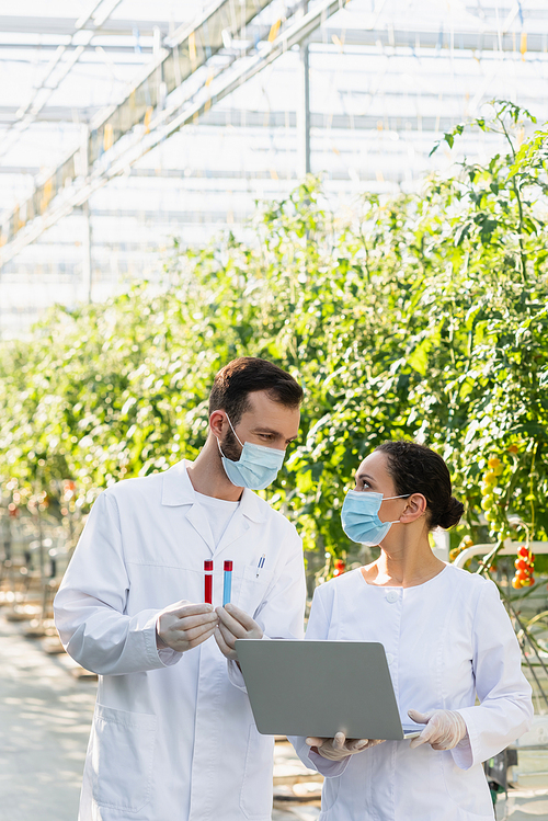 quality inspectors in medical masks holding test tubes and laptop in greenhouse