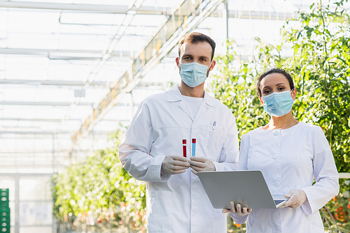 multiethnic quality inspectors in medical masks  while standing with test tubes and laptop in greenhouse