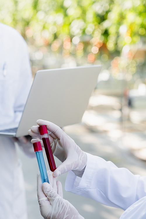 cropped view of quality inspector in latex gloves holding test tubes near colleague with laptop