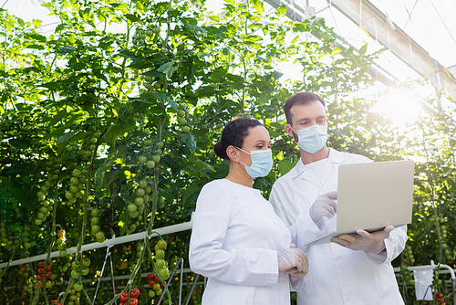 quality inspector pointing at laptop near african american colleague in medical mask