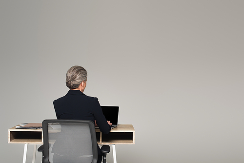 Back view of mature businesswoman using laptop near documents on table isolated on grey