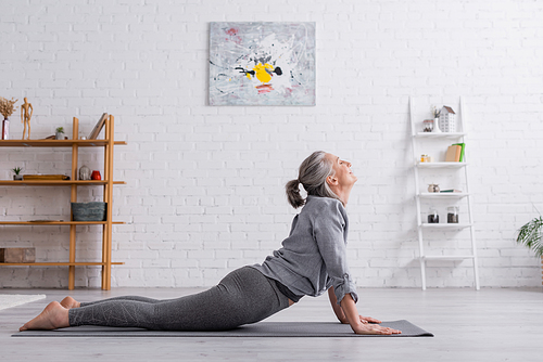 side view pleased middle aged woman in cobra pose practicing yoga on mat at home