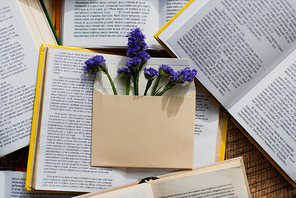 top view of purple flowers in envelope on pile of books