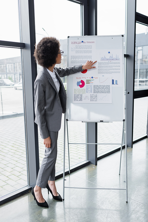 Side view of african american businesswoman pointing at graphs on flipchart