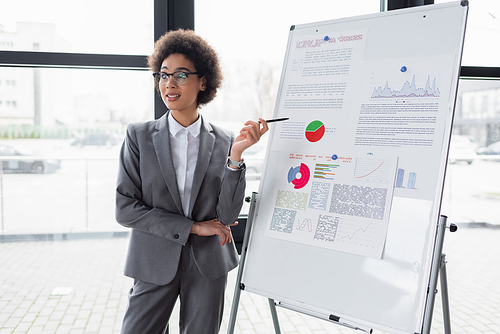 Smiling african american businesswoman holding pen near charts on flipchart in office