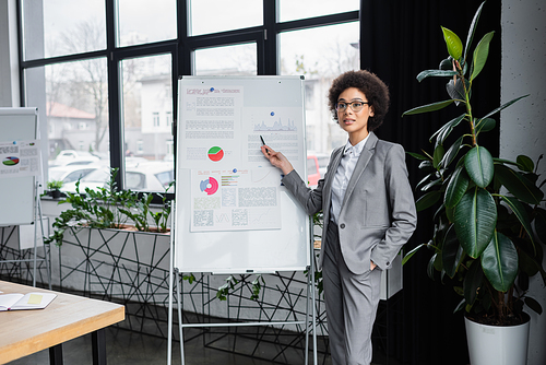 African american businesswoman pointing at flipchart near plant in office