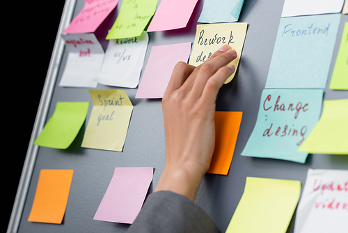 Cropped view of businesswoman applying sticky note with lettering on board