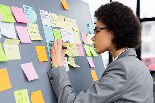 Side view of african american businesswoman writing on sticky note on board