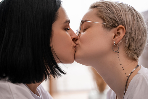 side view of loving lesbian couple kissing at home