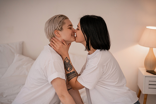 side view of happy lesbian couple kissing in bedroom