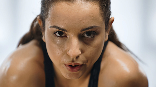 close up of exhausted and sweaty sportswoman working out in gym