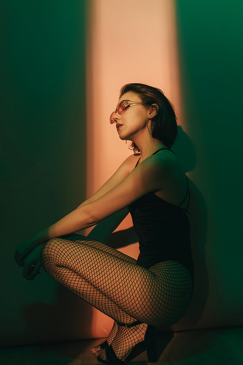 young woman sitting in black bodysuit and fishnet tights in pose on green and beige background