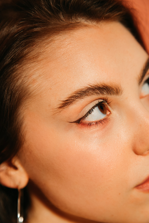 close up of young woman face with summer cat eyes makeup isolated on orange
